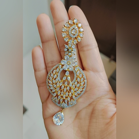 American Diamond Gold Toned studded Drop Earrings - Picture 2 of 4